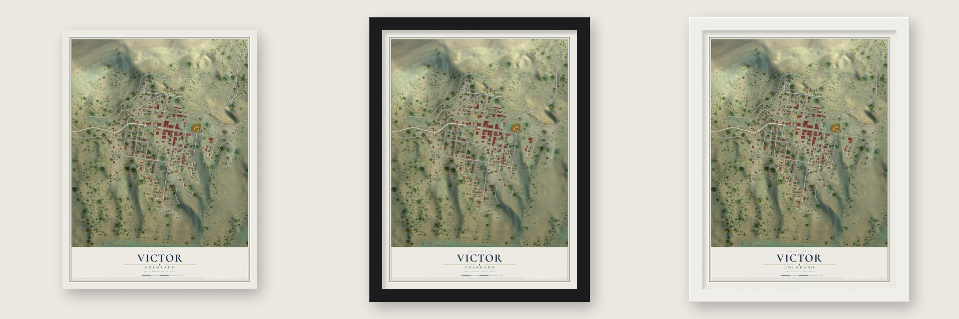 Victor, Colorado map unframed, in a black wood frame and in a white wood frame