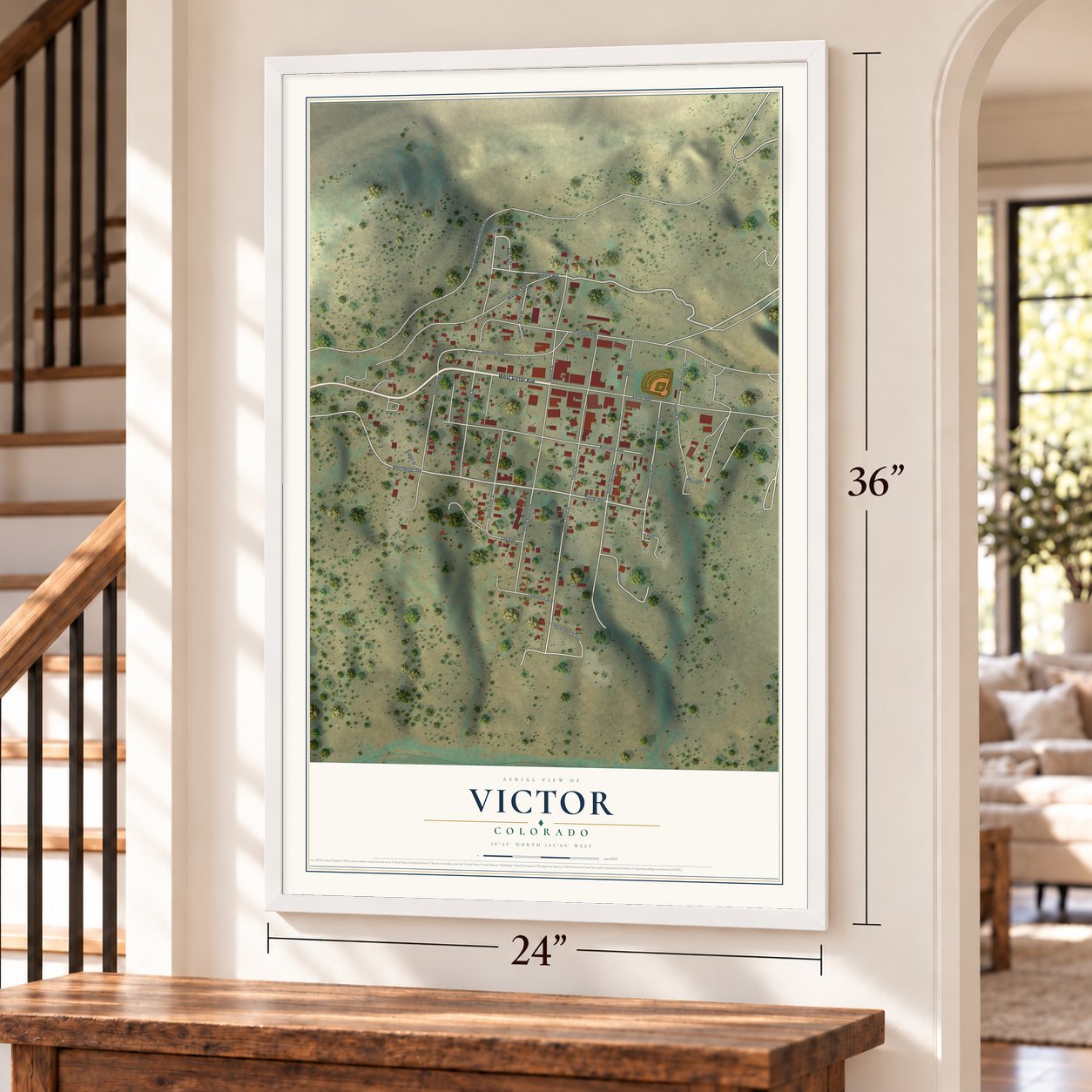 Victor, Colorado map, 24 x 36 inch print in a white frame by a staircase