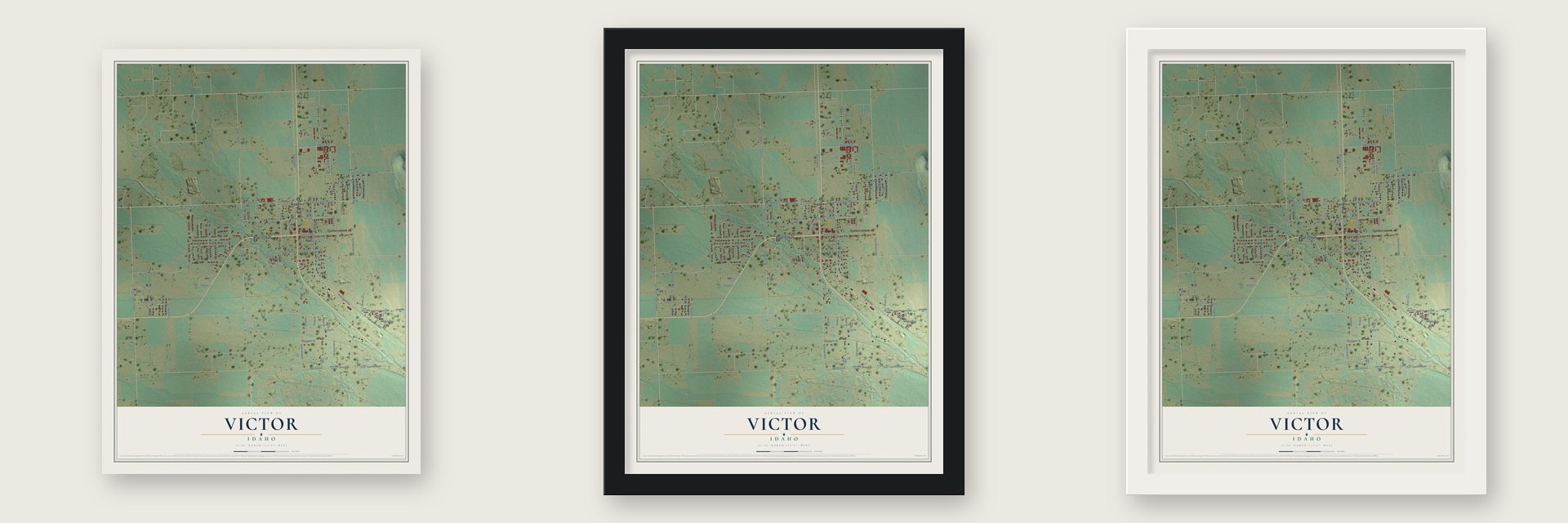 Victor, Idaho map unframed, in a black wood frame and in a white wood frame