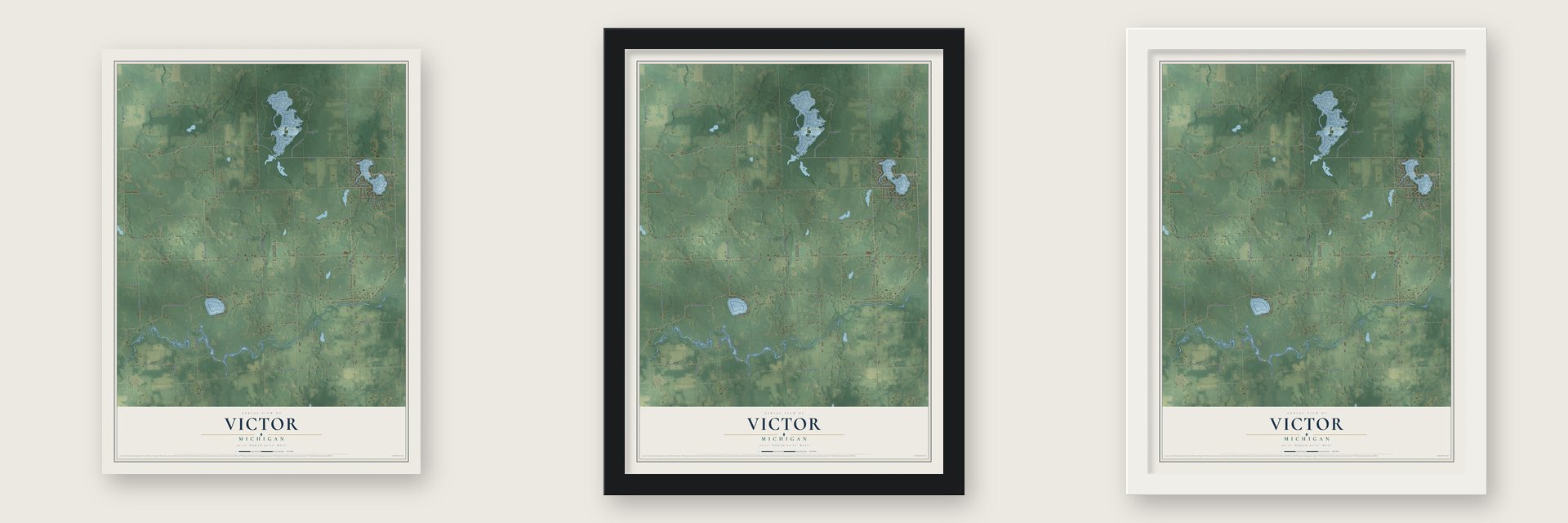 Victor, Michigan map unframed, in a black wood frame and in a white wood frame