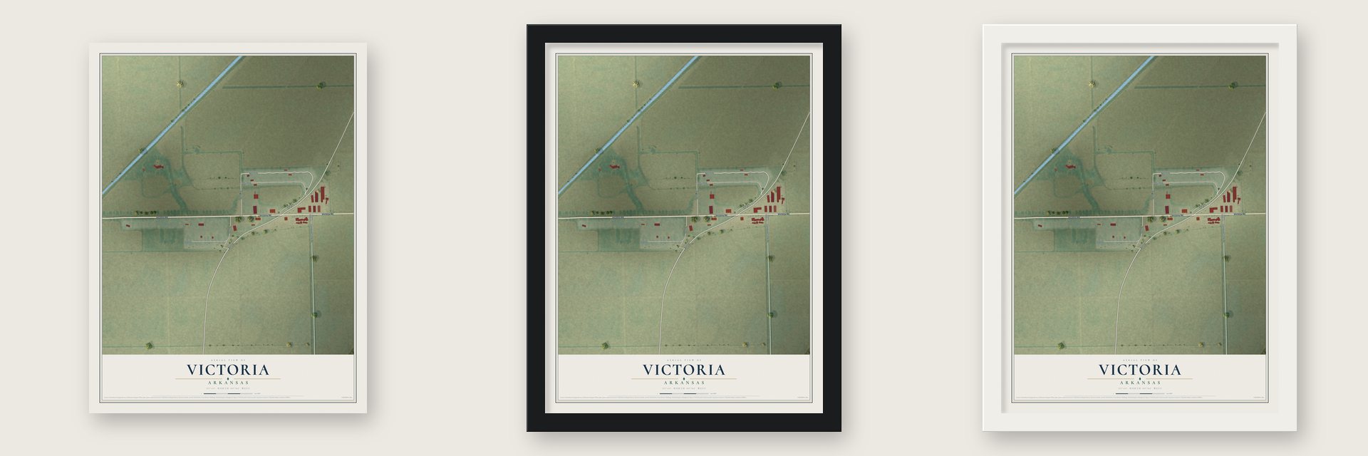 Victoria, Arkansas map unframed, in a black wood frame and in a white wood frame