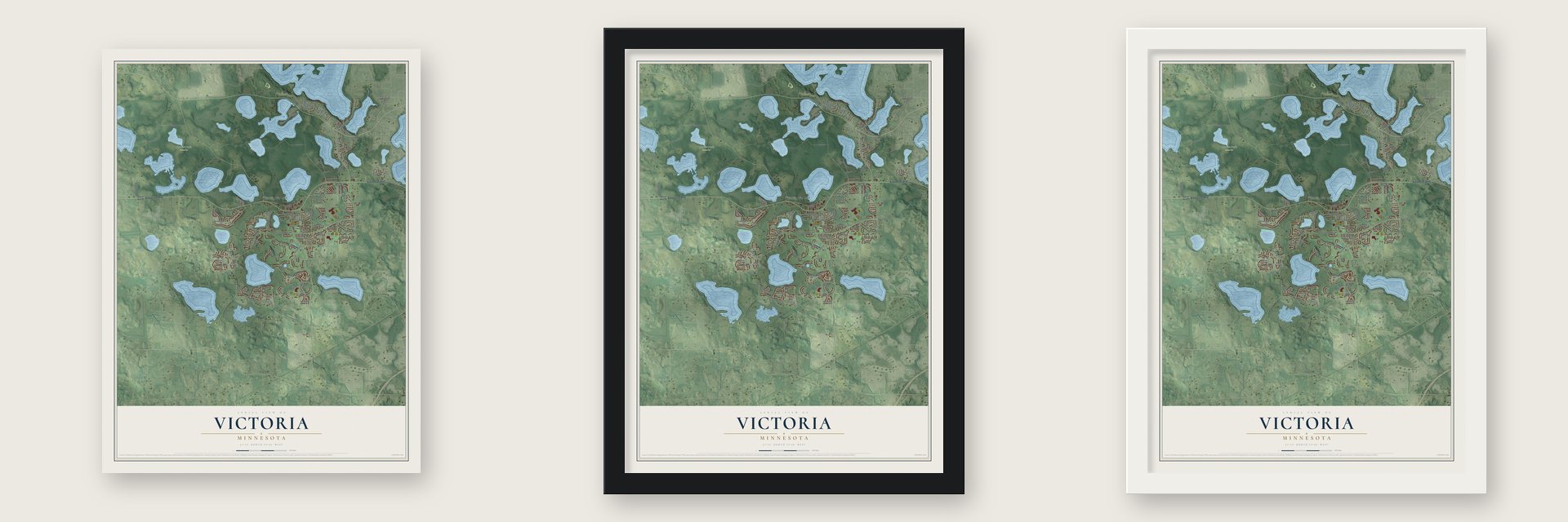 Victoria, Minnesota map unframed, in a black wood frame and in a white wood frame