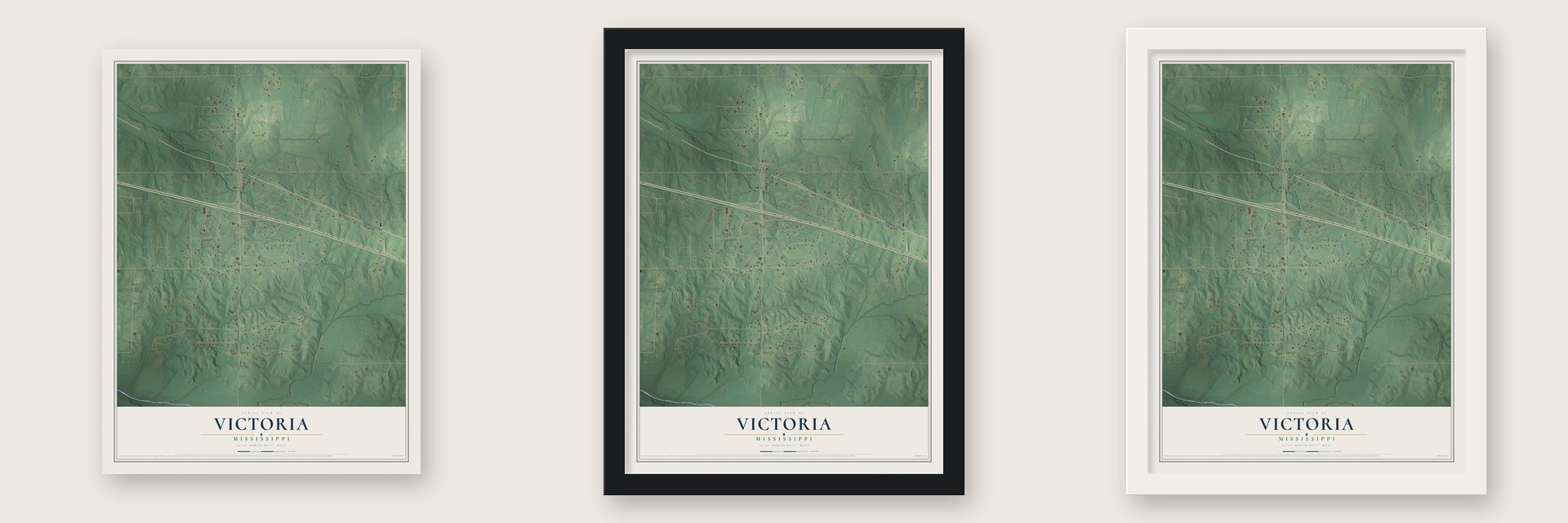 Victoria, Mississippi map unframed, in a black wood frame and in a white wood frame