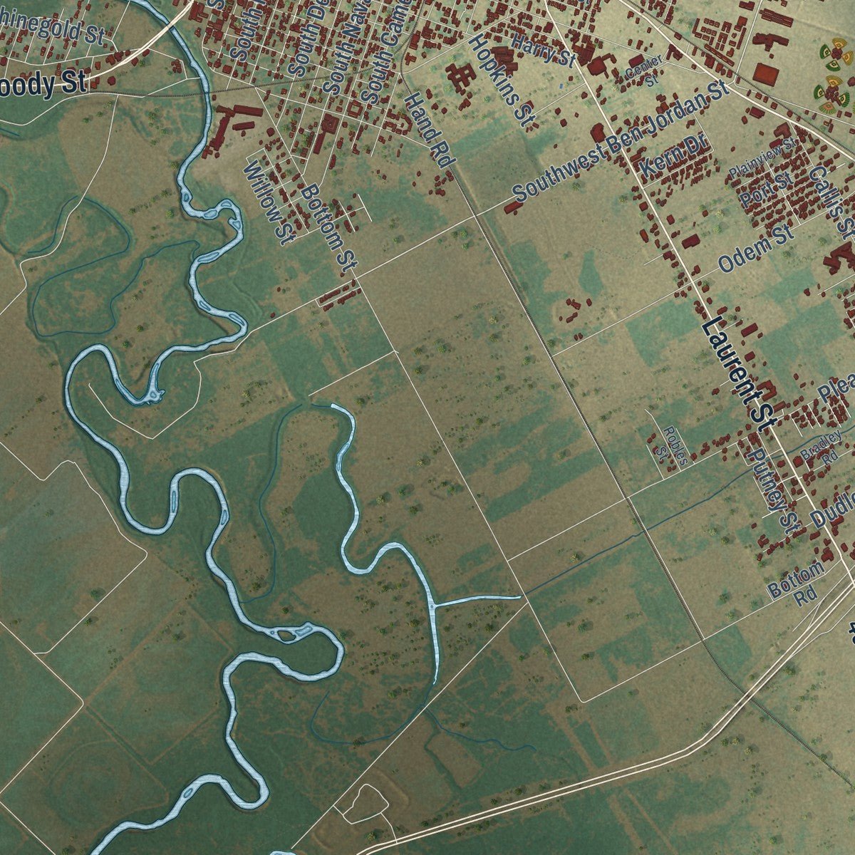 Second close-up of the map of Victoria, Texas print showing more streets and buildings