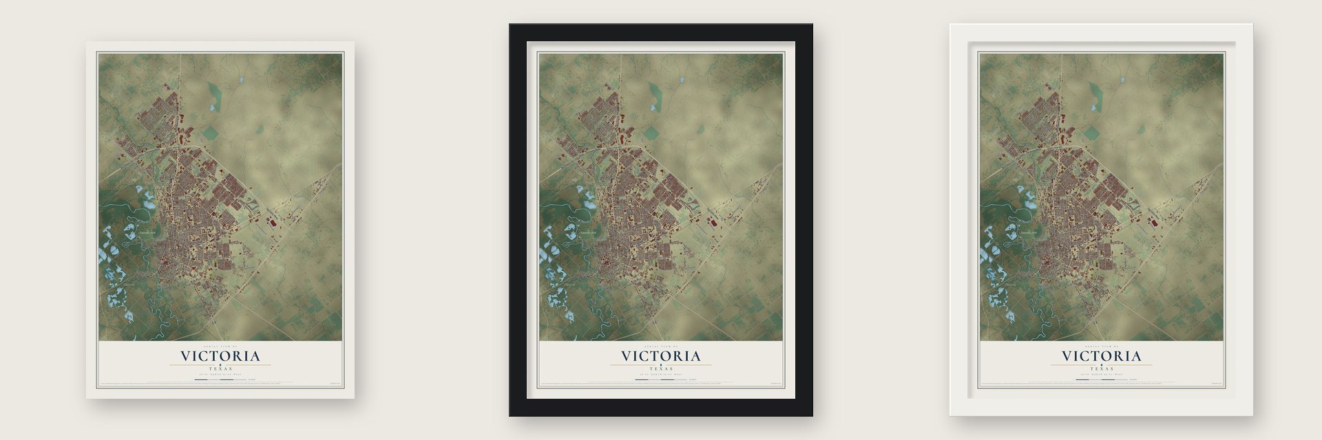 Victoria, Texas map unframed, in a black wood frame and in a white wood frame