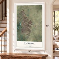 Victoria, Texas map, 24 x 36 inch print in a white frame by a staircase