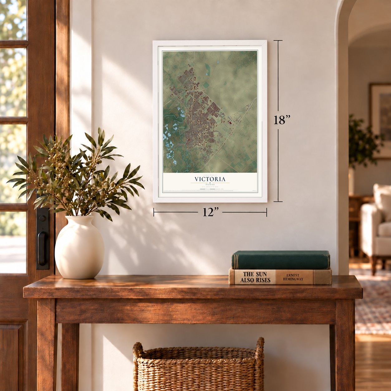 Victoria, Texas map, 12 x 18 inch print in a white frame in an entryway
