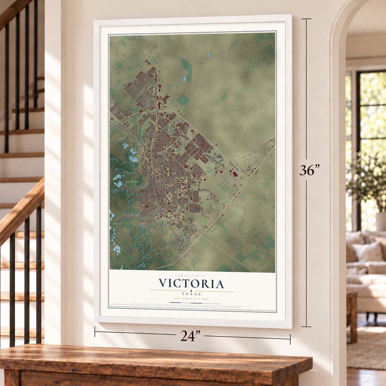 Victoria, Texas map, 24 x 36 inch print in a white frame by a staircase