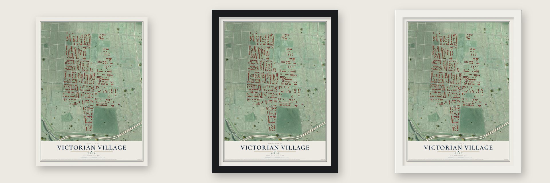 Victorian Village, Ohio map unframed, in a black wood frame and in a white wood frame
