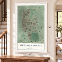 Victorian Village, Ohio map, 24 x 36 inch print in a white frame by a staircase