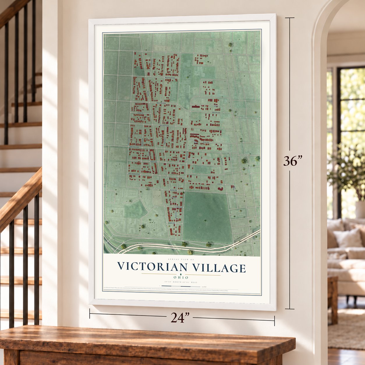Victorian Village, Ohio map, 24 x 36 inch print in a white frame by a staircase