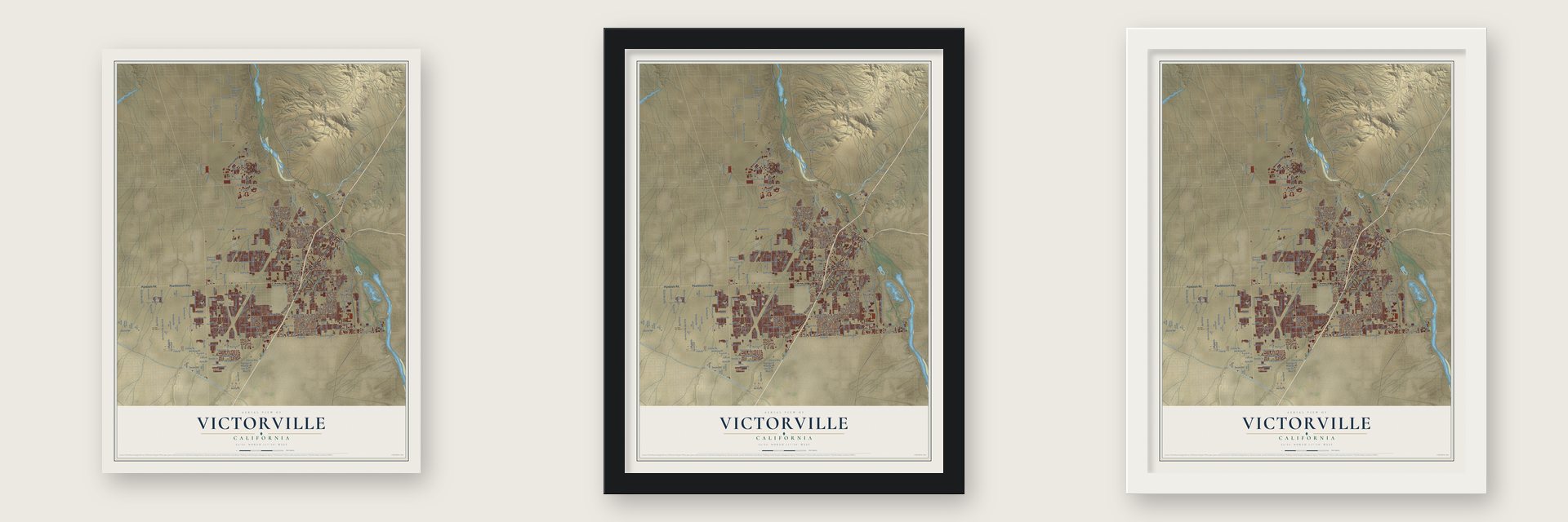 Victorville, California map unframed, in a black wood frame and in a white wood frame