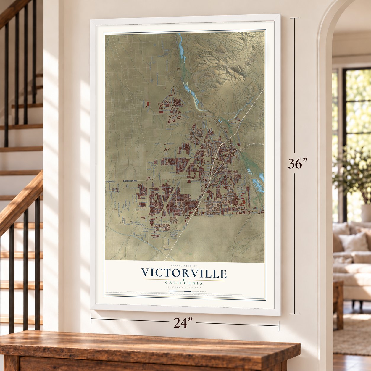 Victorville, California map, 24 x 36 inch print in a white frame by a staircase