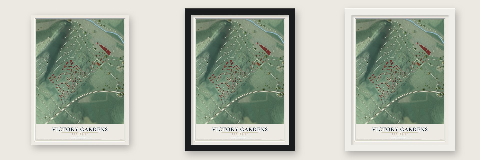 Victory Gardens, New Jersey map unframed, in a black wood frame and in a white wood frame