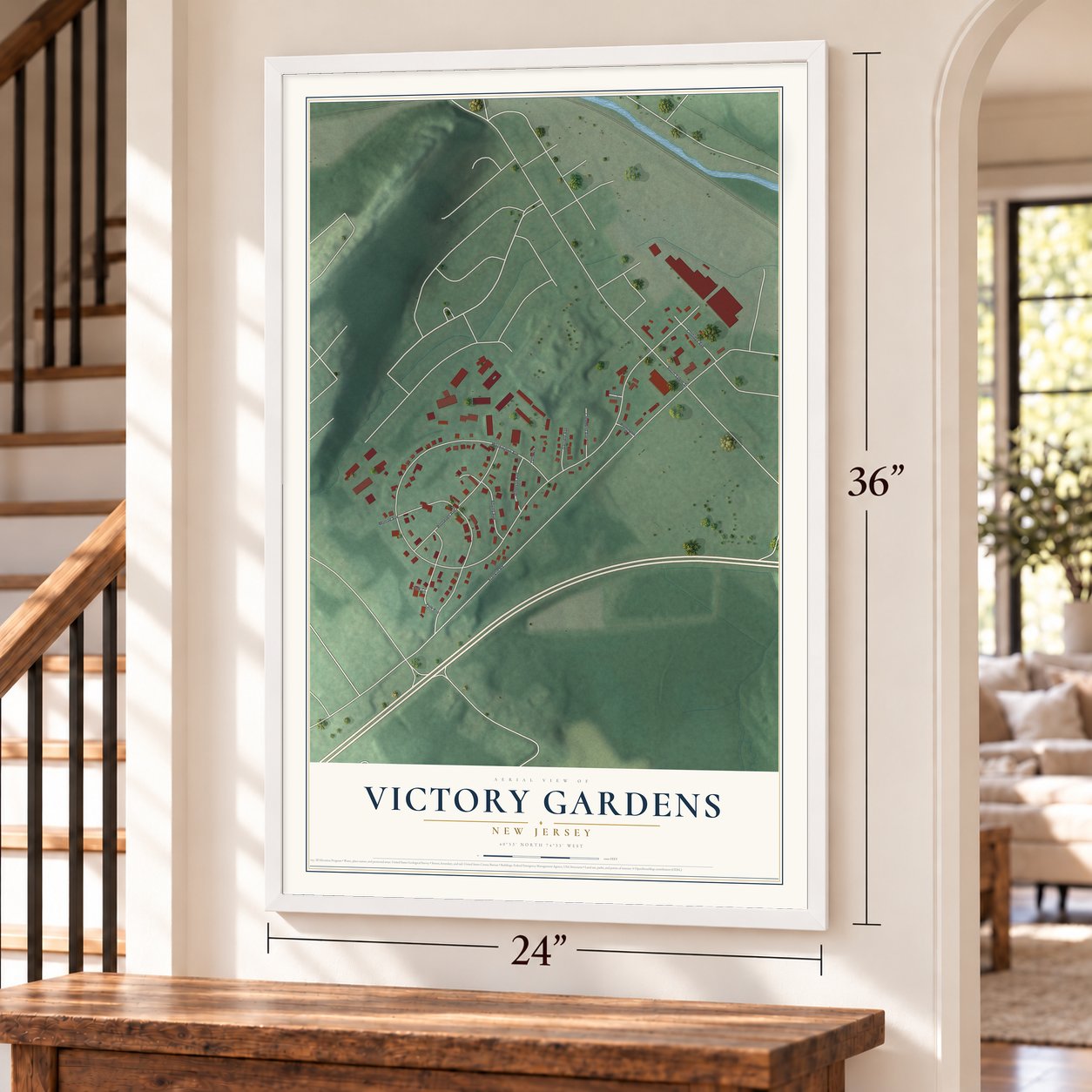 Victory Gardens, New Jersey map, 24 x 36 inch print in a white frame by a staircase