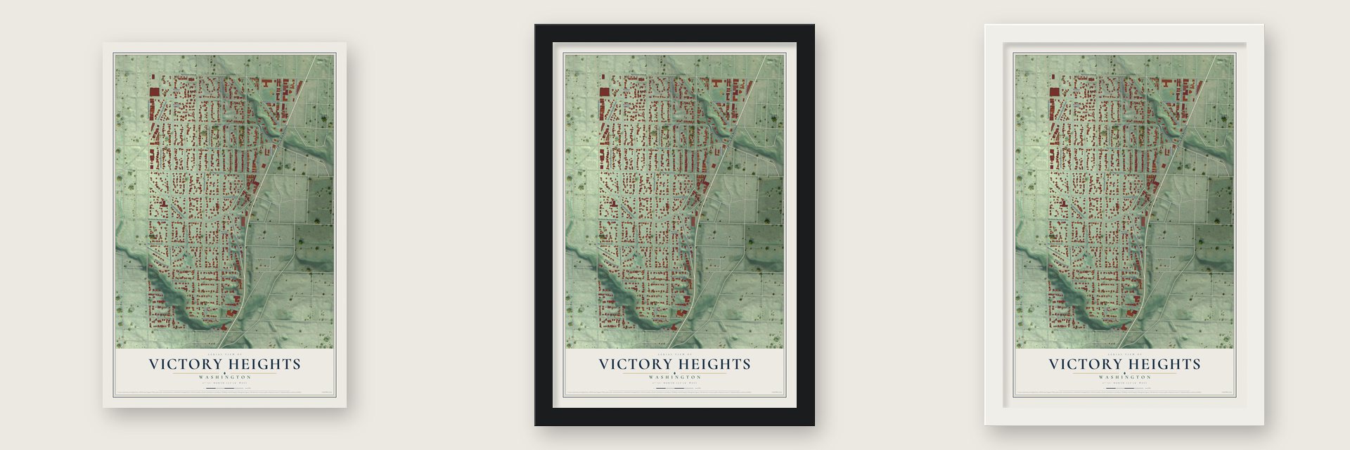 Victory Heights, Washington map unframed, in a black wood frame and in a white wood frame