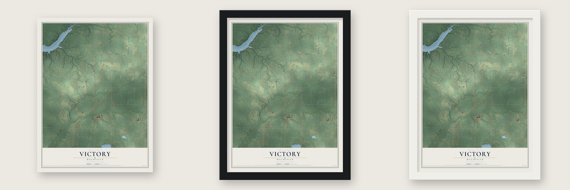 Victory, Michigan map unframed, in a black wood frame and in a white wood frame