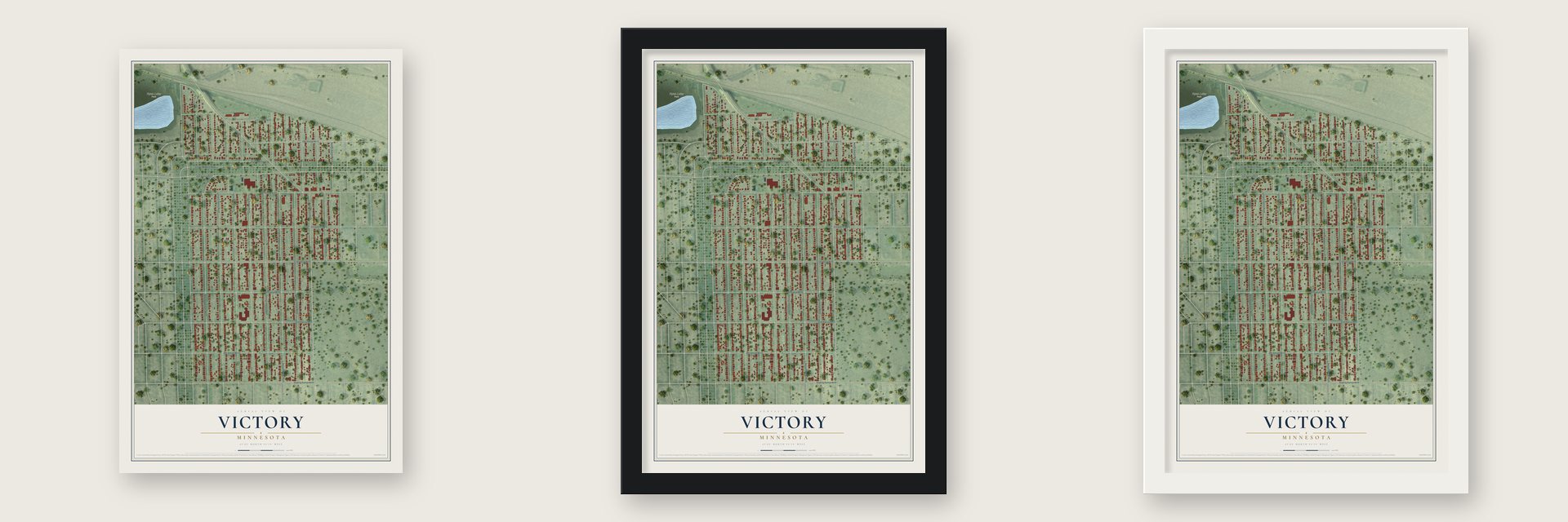 Victory, Minnesota map unframed, in a black wood frame and in a white wood frame