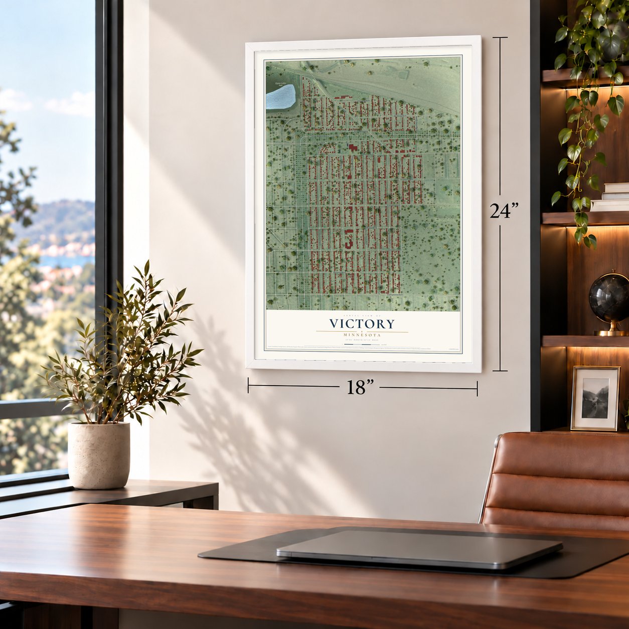 Victory, Minnesota map, 18 x 24 inch print in a white frame in a home office