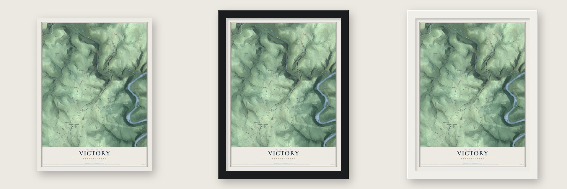 Victory, Pennsylvania map unframed, in a black wood frame and in a white wood frame