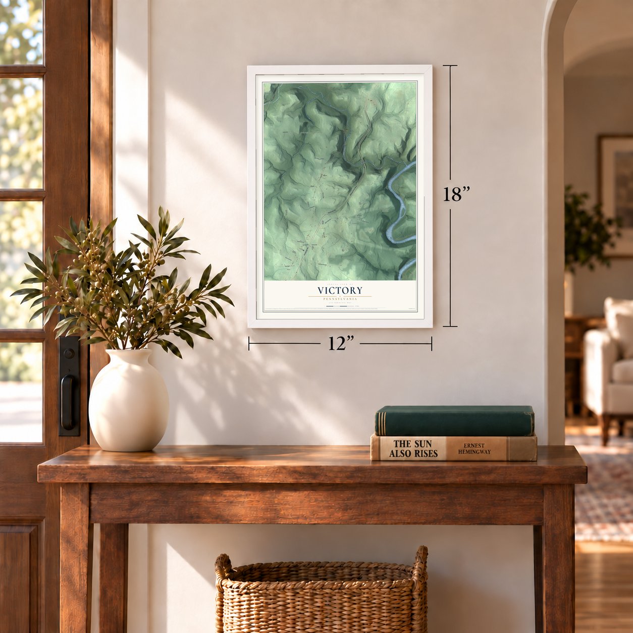 Victory, Pennsylvania map, 12 x 18 inch print in a white frame in an entryway