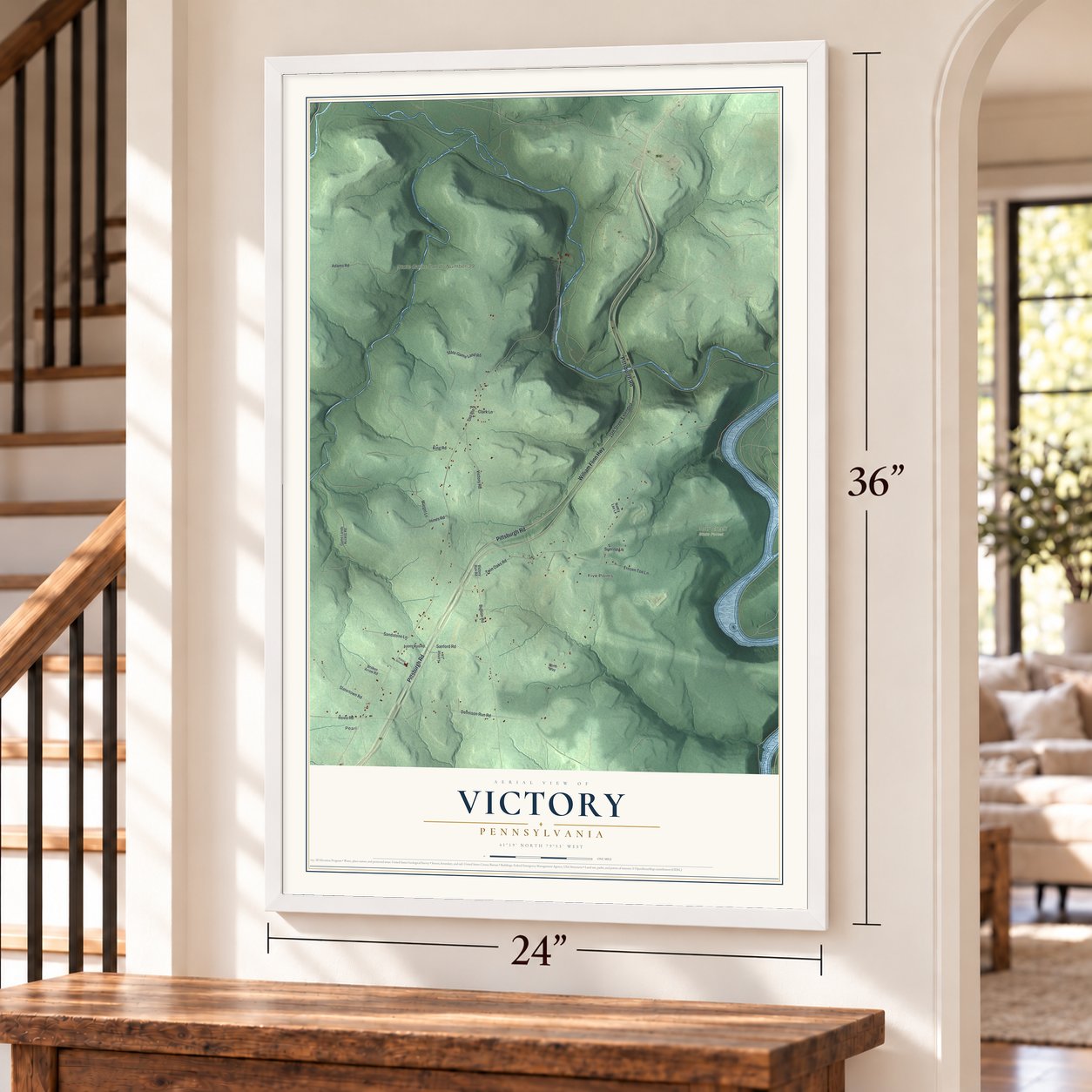 Victory, Pennsylvania map, 24 x 36 inch print in a white frame by a staircase