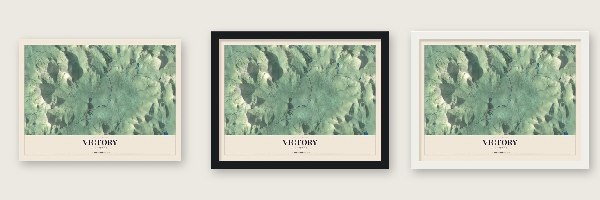 Victory, Vermont map unframed, in a black wood frame and in a white wood frame