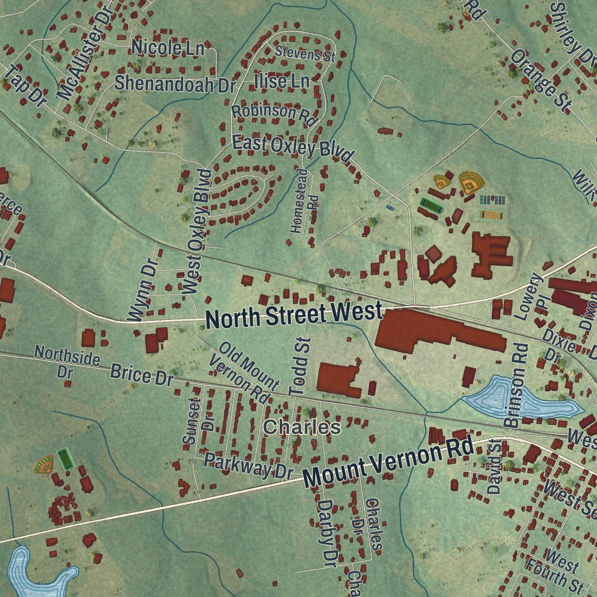 Second close-up of the map of Vidalia, Georgia print showing more streets and buildings
