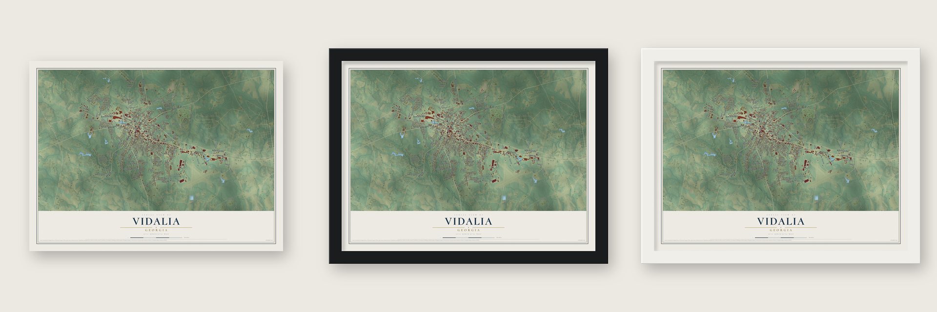 Vidalia, Georgia map unframed, in a black wood frame and in a white wood frame