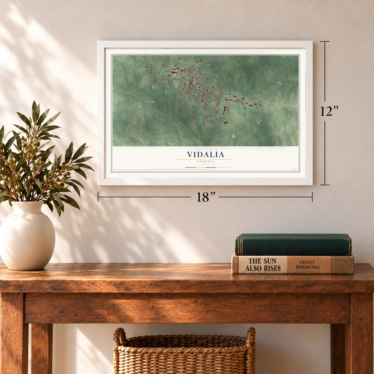 Vidalia, Georgia map, 12 x 18 inch print in a white frame in an entryway