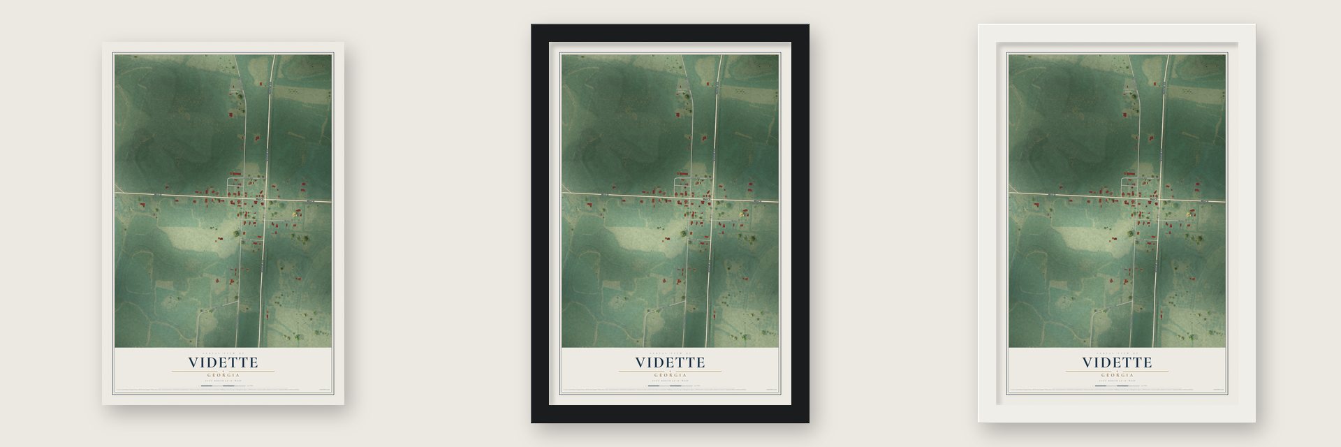 Vidette, Georgia map unframed, in a black wood frame and in a white wood frame