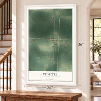 Vidette, Georgia map, 24 x 36 inch print in a white frame by a staircase
