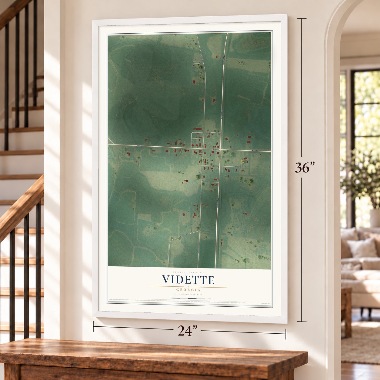 Vidette, Georgia map, 24 x 36 inch print in a white frame by a staircase