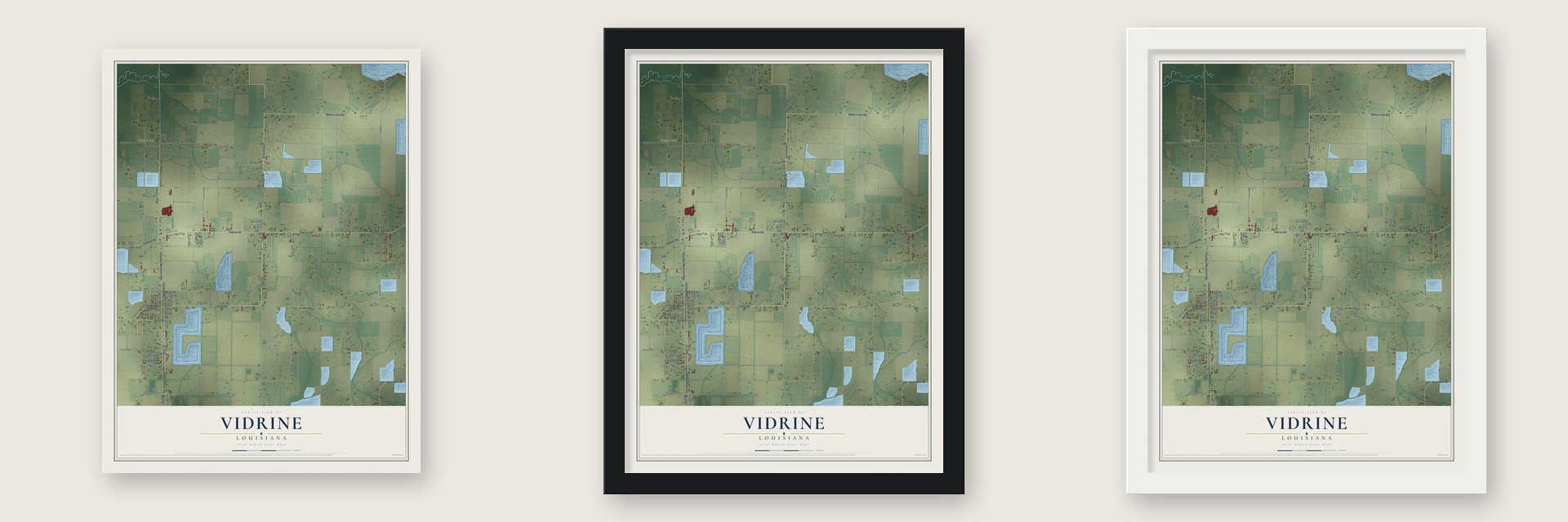 Vidrine, Louisiana map unframed, in a black wood frame and in a white wood frame