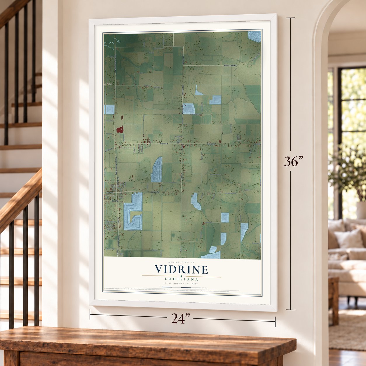 Vidrine, Louisiana map, 24 x 36 inch print in a white frame by a staircase