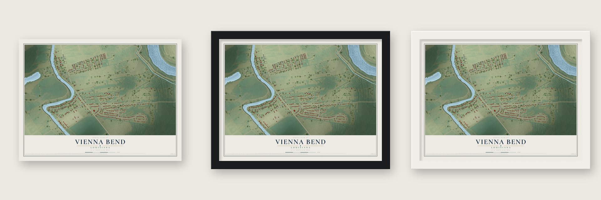 Vienna Bend, Louisiana map unframed, in a black wood frame and in a white wood frame