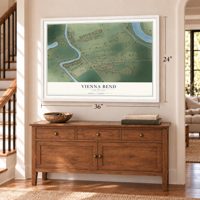 Vienna Bend, Louisiana map, 24 x 36 inch print in a white frame above a dresser by a staircase