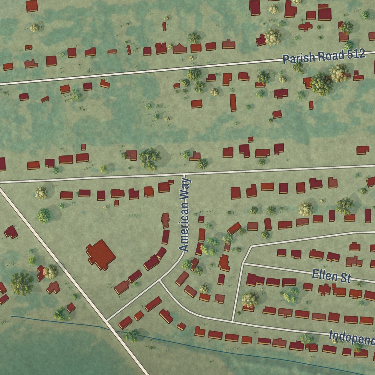 Second close-up of the map of Vienna Bend, Louisiana print showing more streets and buildings