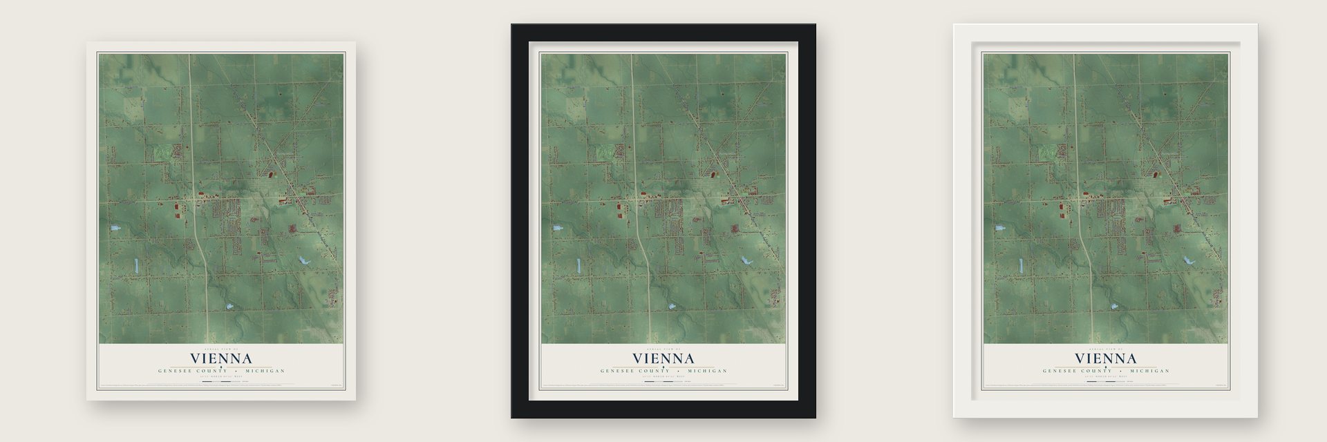 Vienna, Genesee County, Michigan map unframed, in a black wood frame and in a white wood frame