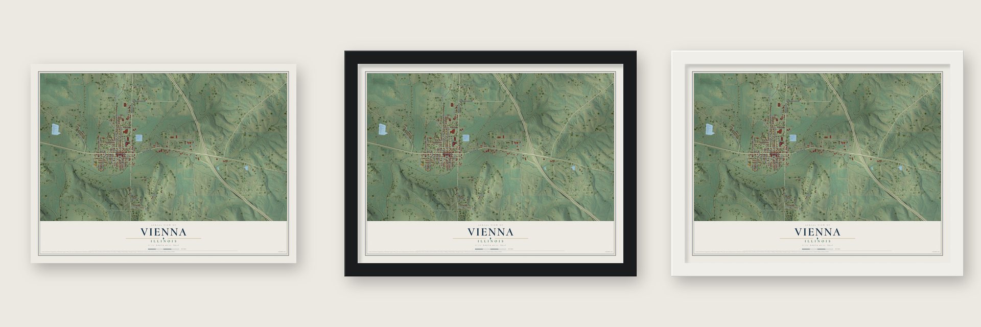 Vienna, Illinois map unframed, in a black wood frame and in a white wood frame