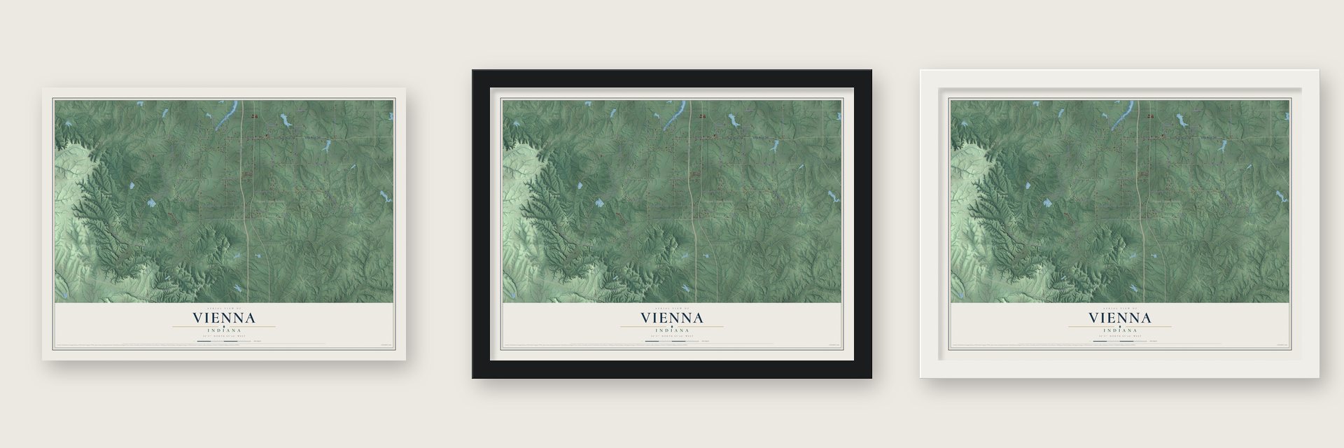 Vienna, Indiana map unframed, in a black wood frame and in a white wood frame