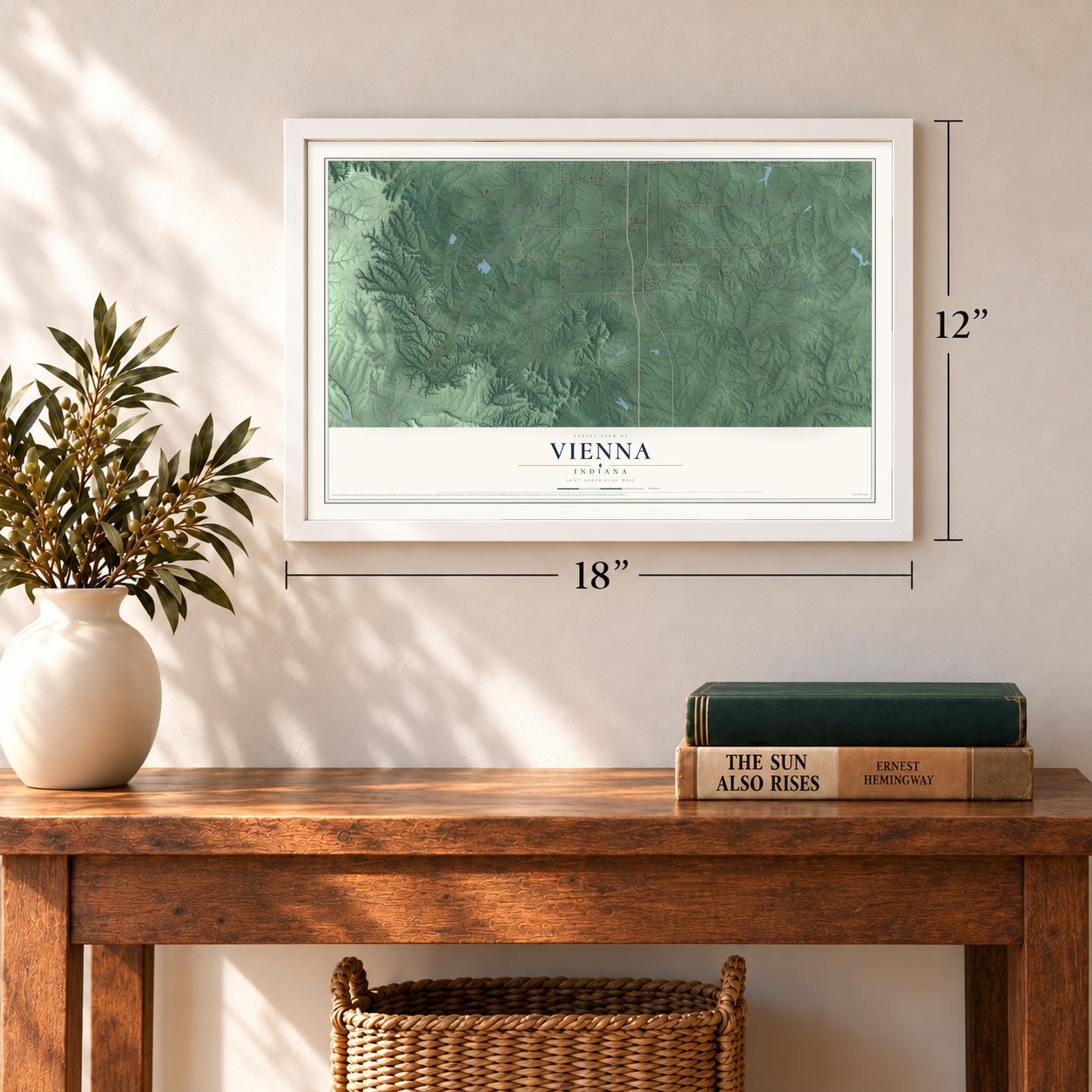 Vienna, Indiana map, 12 x 18 inch print in a white frame in an entryway