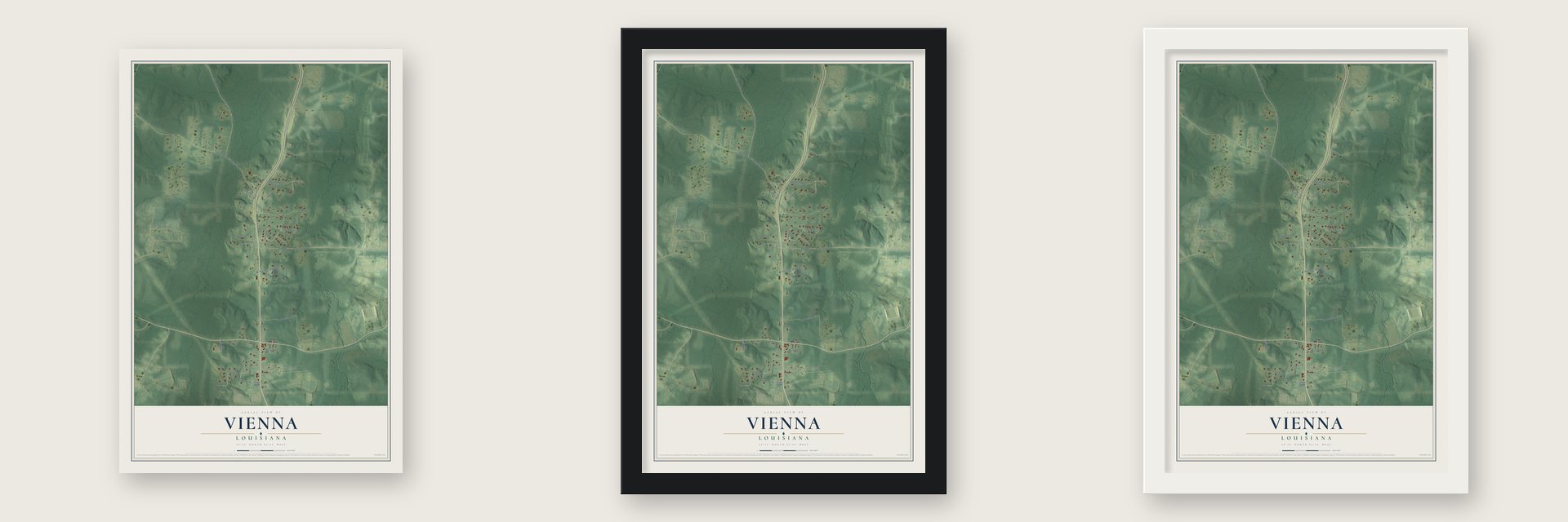 Vienna, Louisiana map unframed, in a black wood frame and in a white wood frame