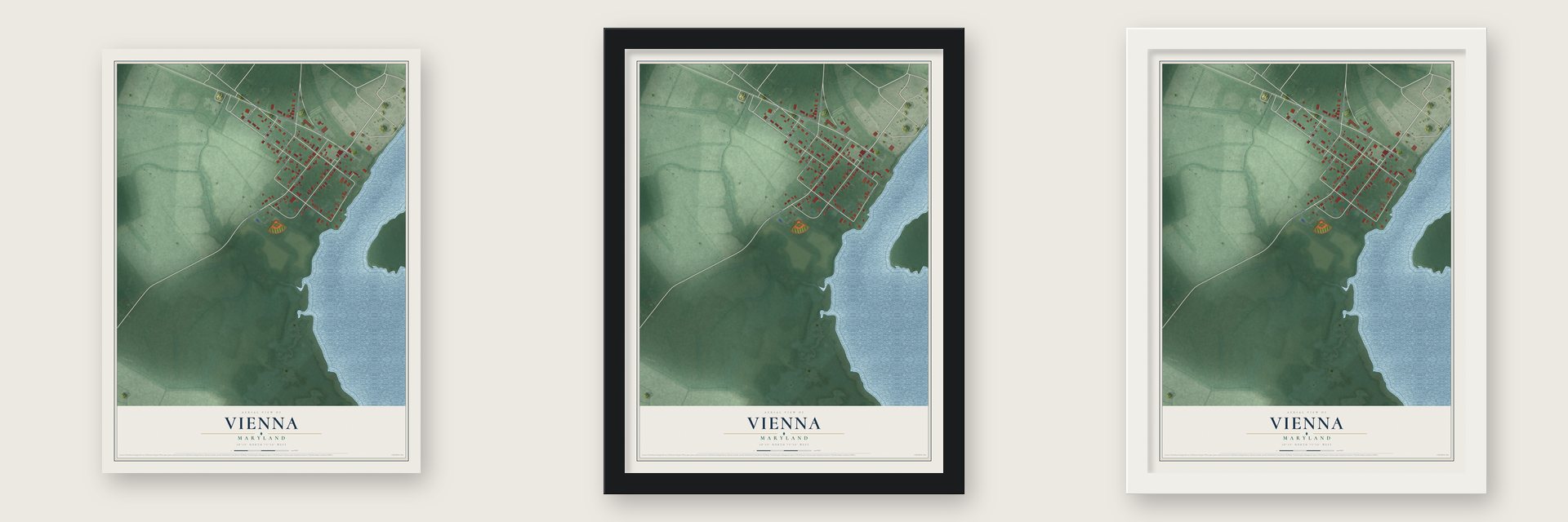 Vienna, Maryland map unframed, in a black wood frame and in a white wood frame