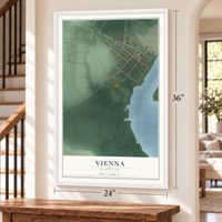 Vienna, Maryland map, 24 x 36 inch print in a white frame by a staircase