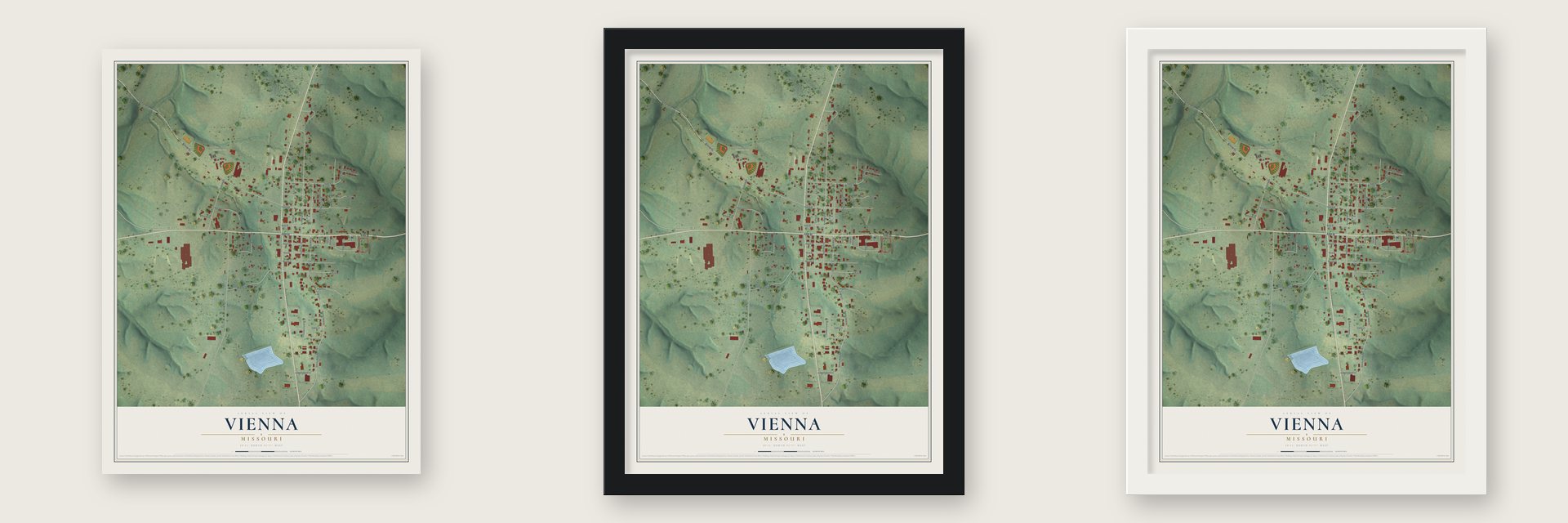 Vienna, Missouri map unframed, in a black wood frame and in a white wood frame