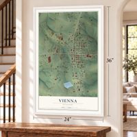 Vienna, Missouri map, 24 x 36 inch print in a white frame by a staircase