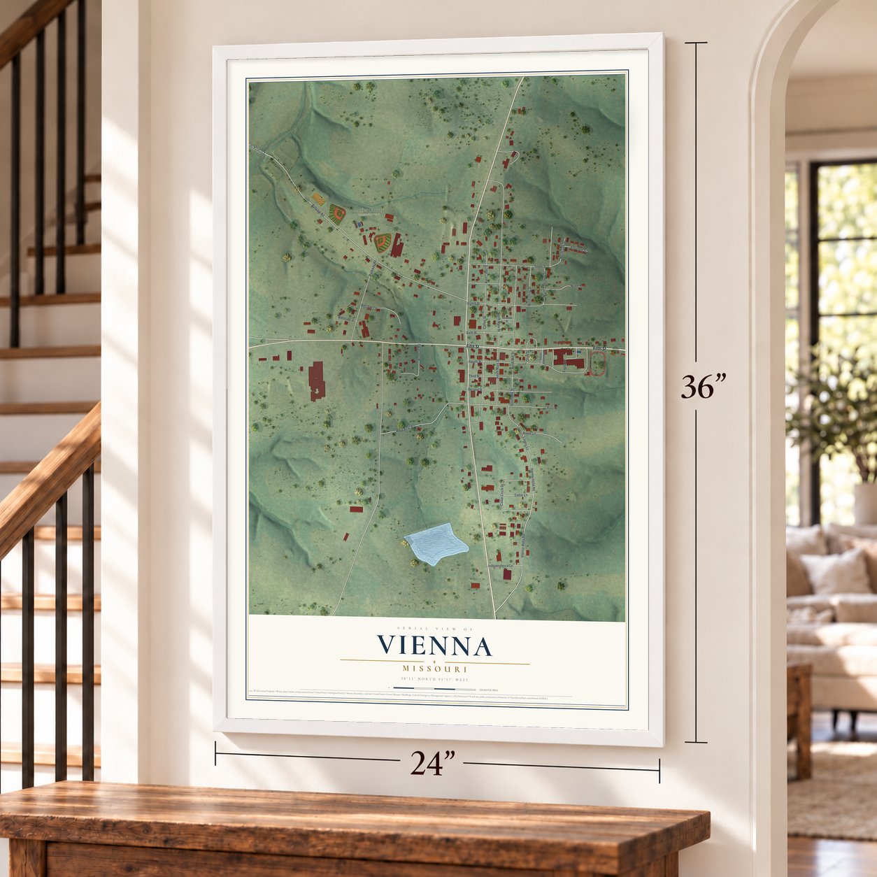 Vienna, Missouri map, 24 x 36 inch print in a white frame by a staircase