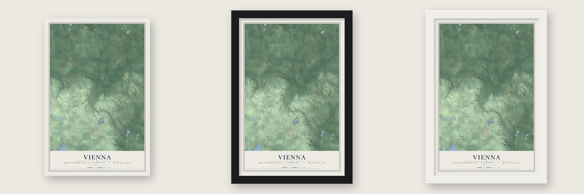 Vienna, Montmorency County, Michigan map unframed, in a black wood frame and in a white wood frame
