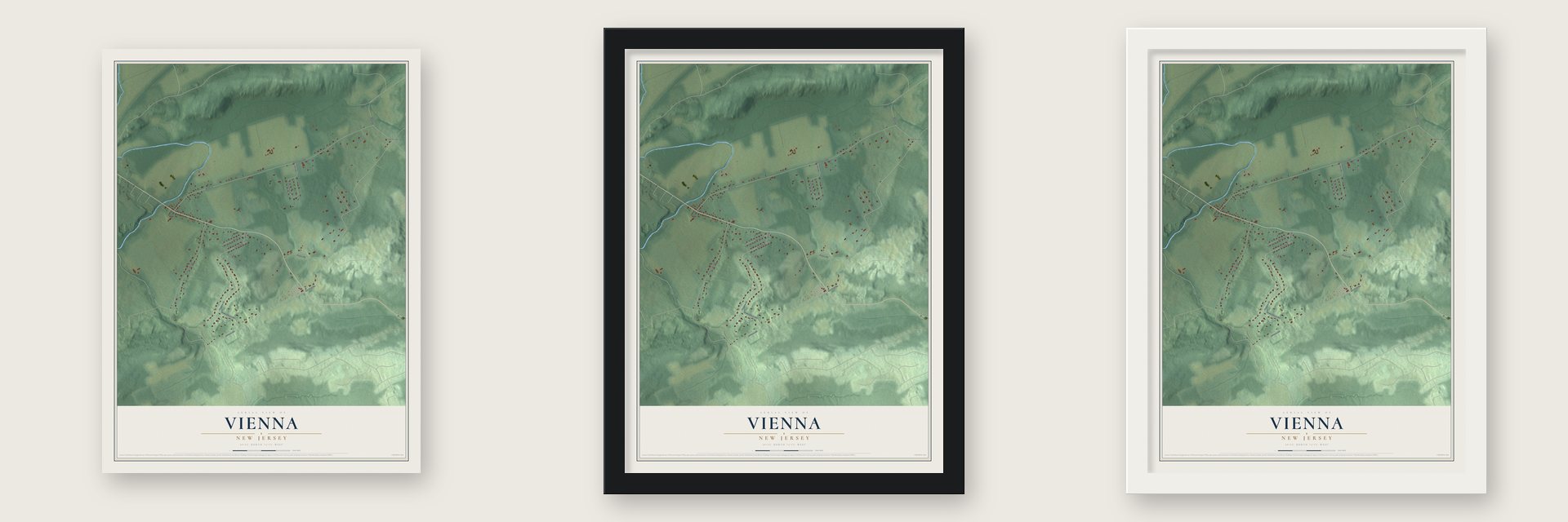 Vienna, New Jersey map unframed, in a black wood frame and in a white wood frame